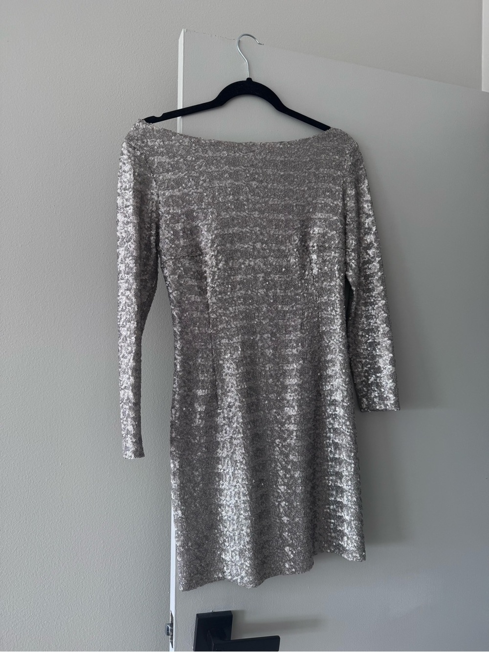 Hand Crafted Silver Sequin Long-Sleeve Cocktail Dress